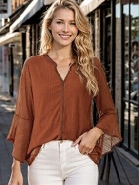 NWOT Valolia Rust Brown V-Neck Women's Blouse, 3/4 Bell Sleeves Size M